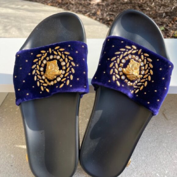 Versace Medusa Crystal Studded Purple Velvet Slides - Picture 3 of 4